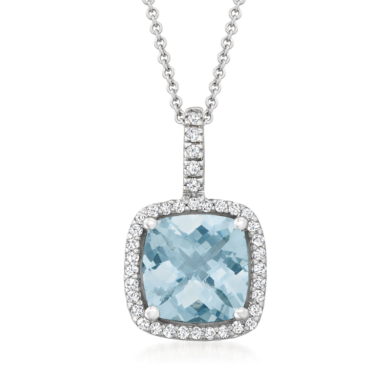 Aquamarine pendant necklace with diamond halo in white gold