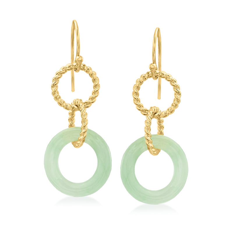 18kt gold over sterling drop earrings with interlocking hoops and jade green circles