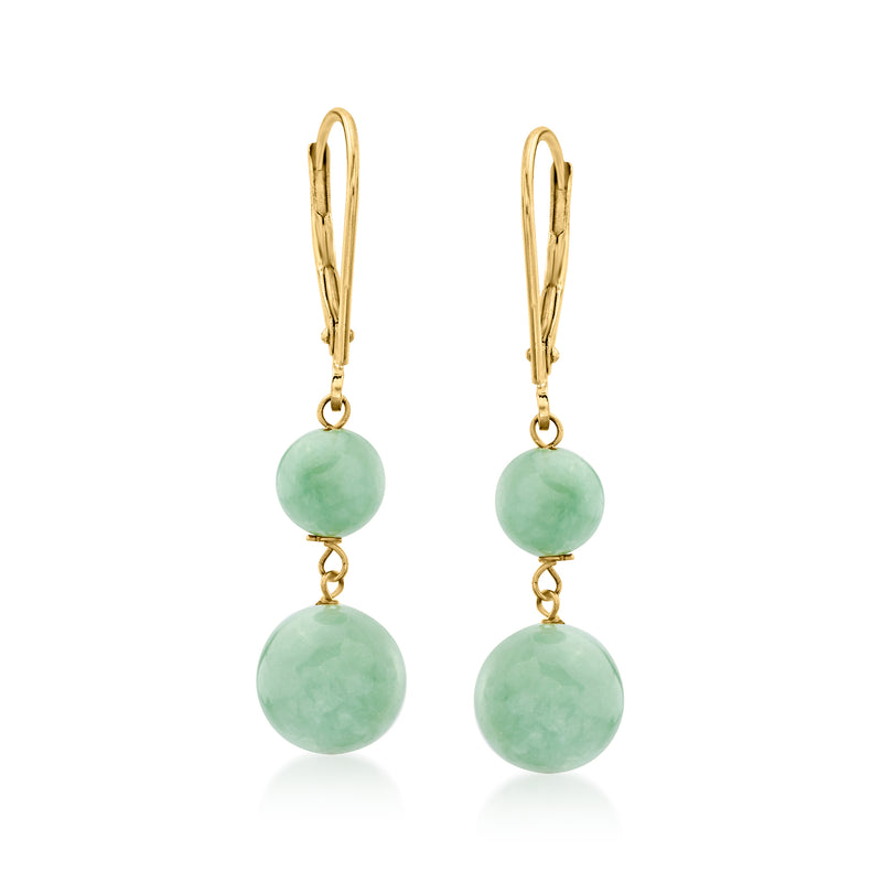 14kt yellow gold jade drop earrings with two green bead spheres, leverback