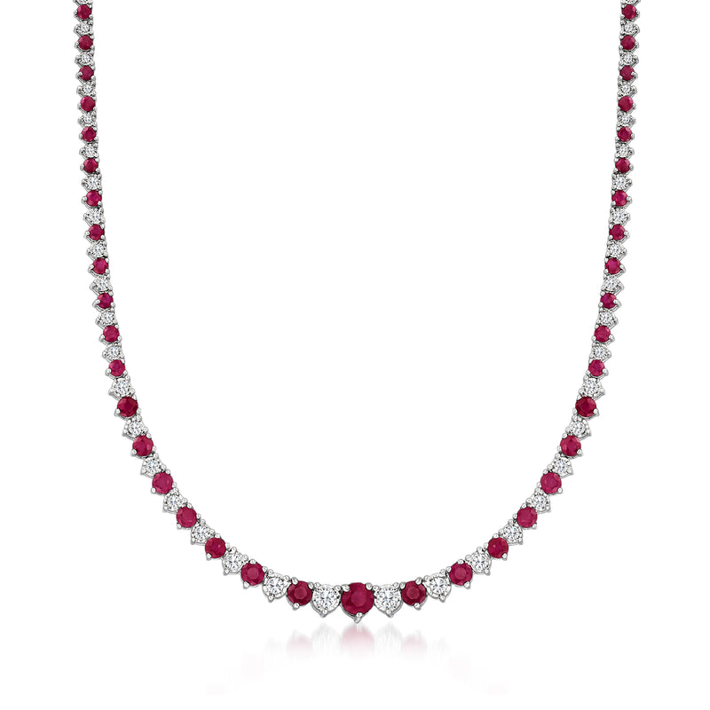 Ruby and diamond tennis necklace in sterling silver with red stones and white accents
