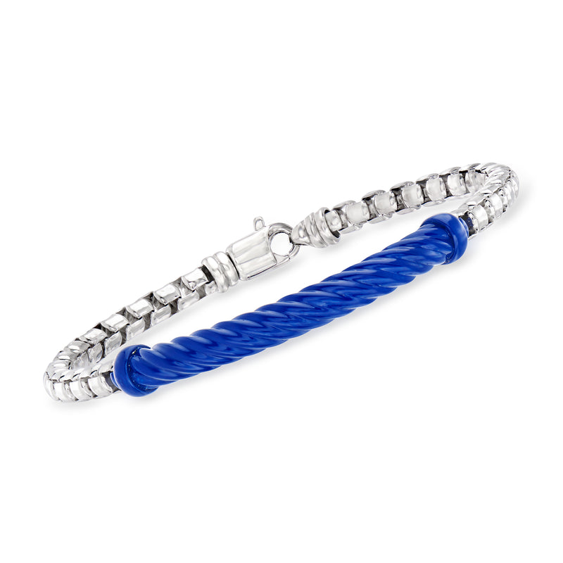 Men's sterling silver box-chain bracelet with blue enamel cable detail
