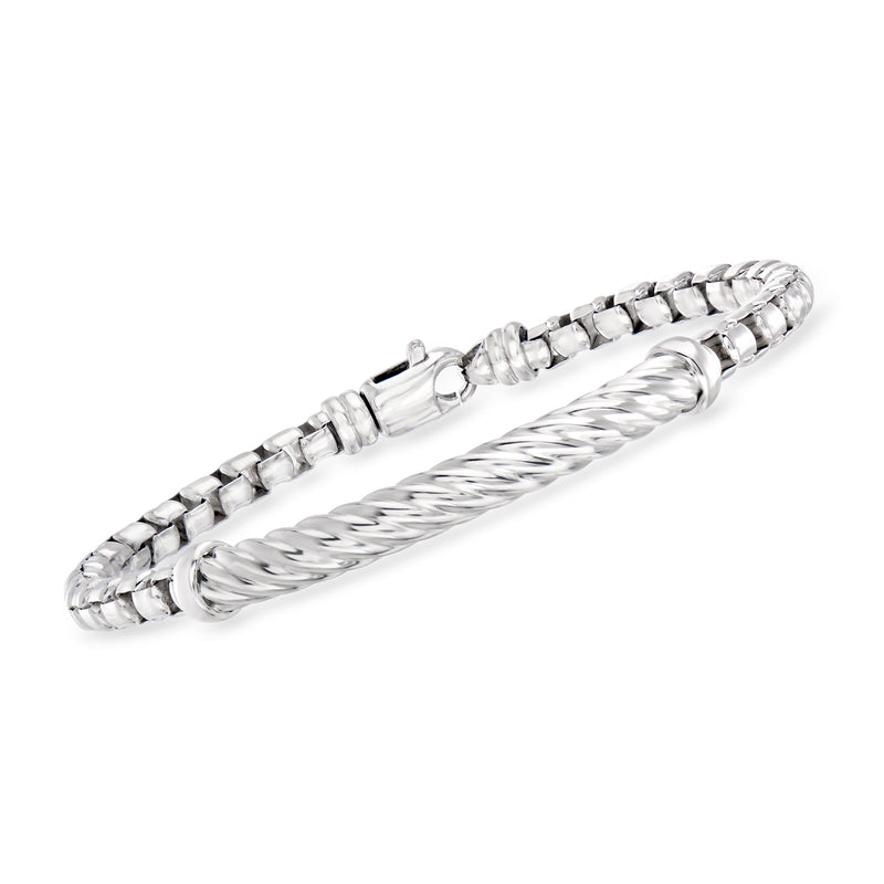 Sterling silver bracelet with box-chain links and twisted cable centerpiece