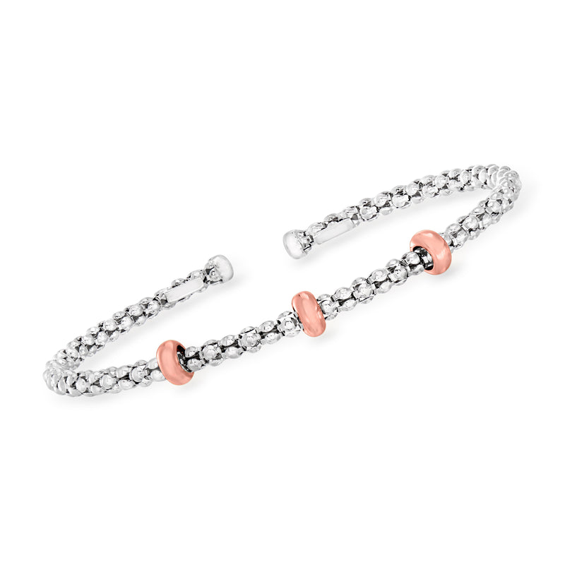 Sterling silver popcorn station cuff bracelet with 18kt rose gold accents
