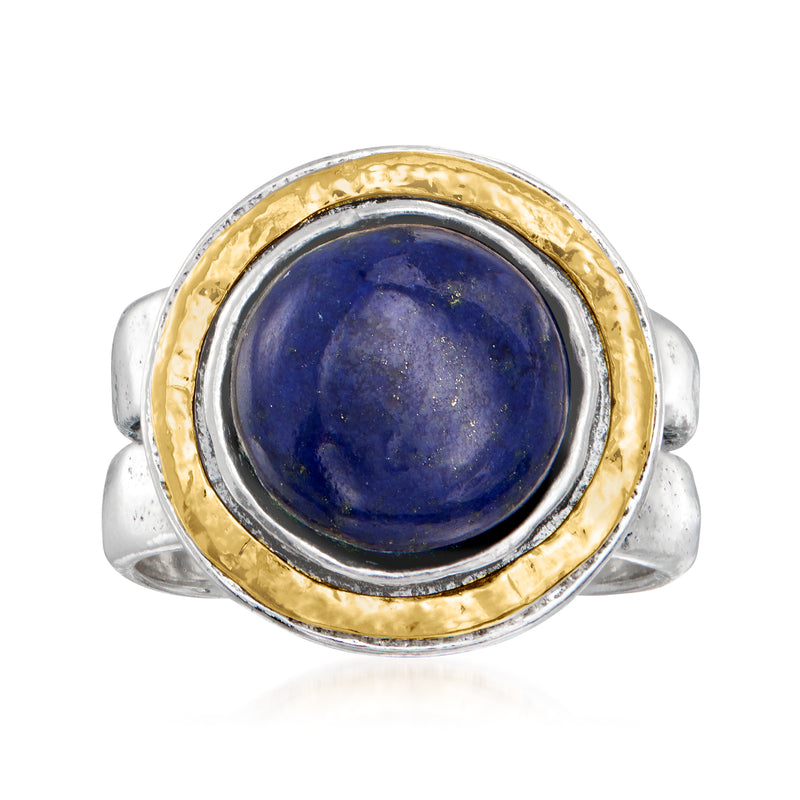 Two-tone sterling silver ring with lapis lazuli cabochon and gold bezel