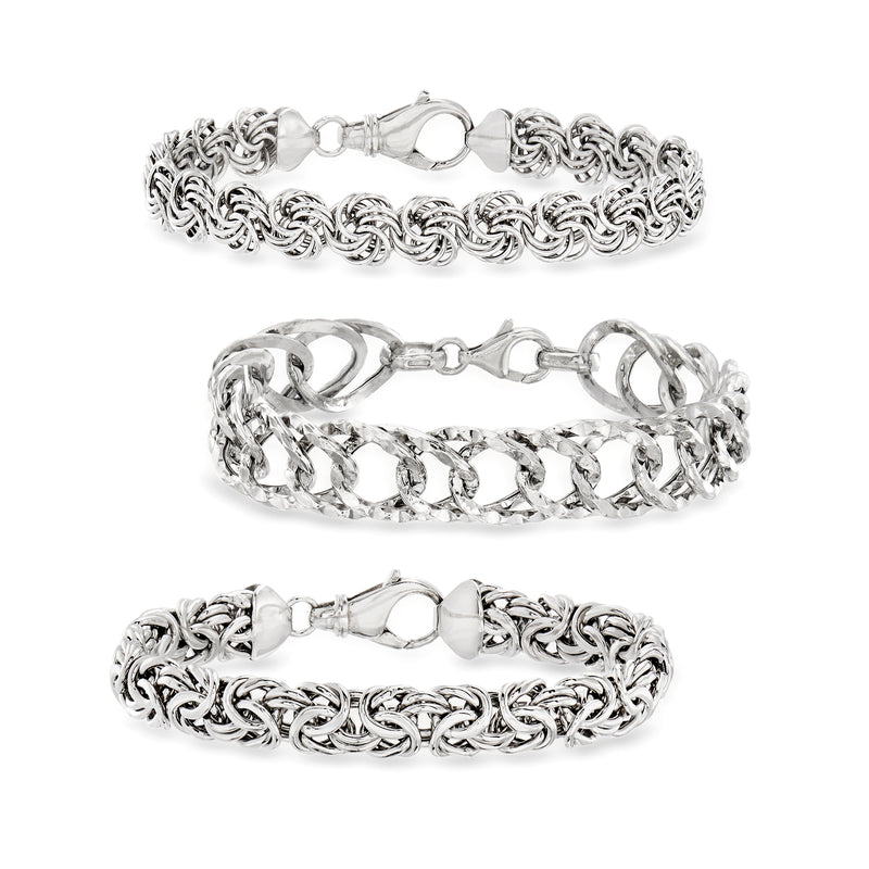Sterling silver bracelet set of three chain bracelets with clasp closures, polished shine