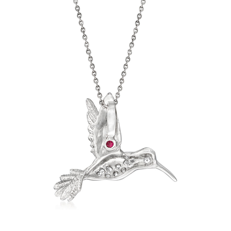 18kt white gold hummingbird pendant necklace with red gemstone and diamond accents