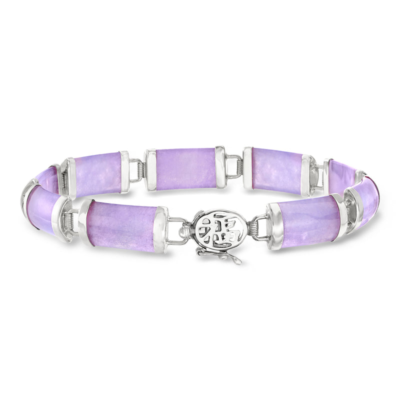 Lavender jade bead bracelet with sterling silver links and centerpiece charm