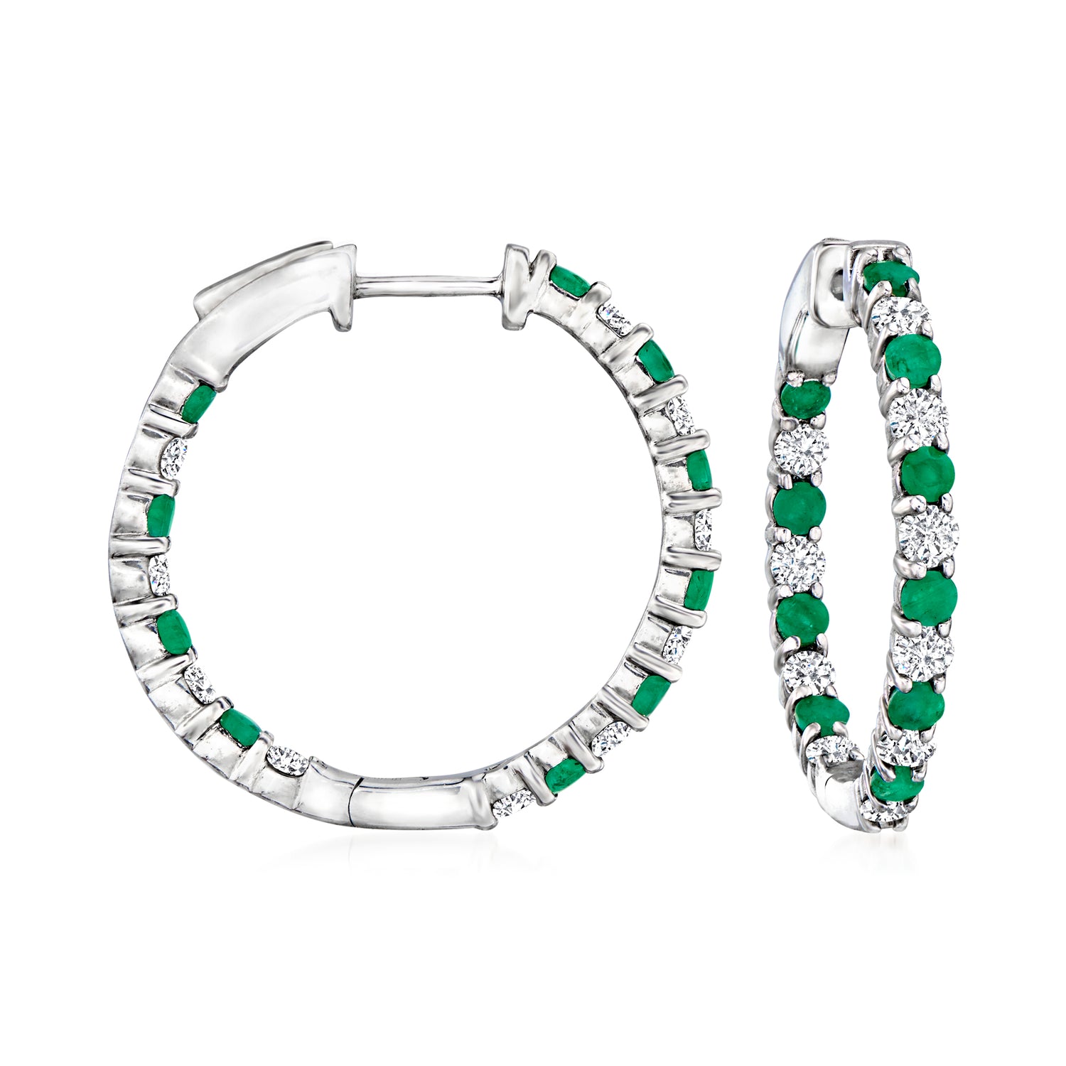 1.00 ct. t.w. Diamond and 1.00 ct. t.w. Emerald Inside-Outside Hoop Earrings in Sterling Silver