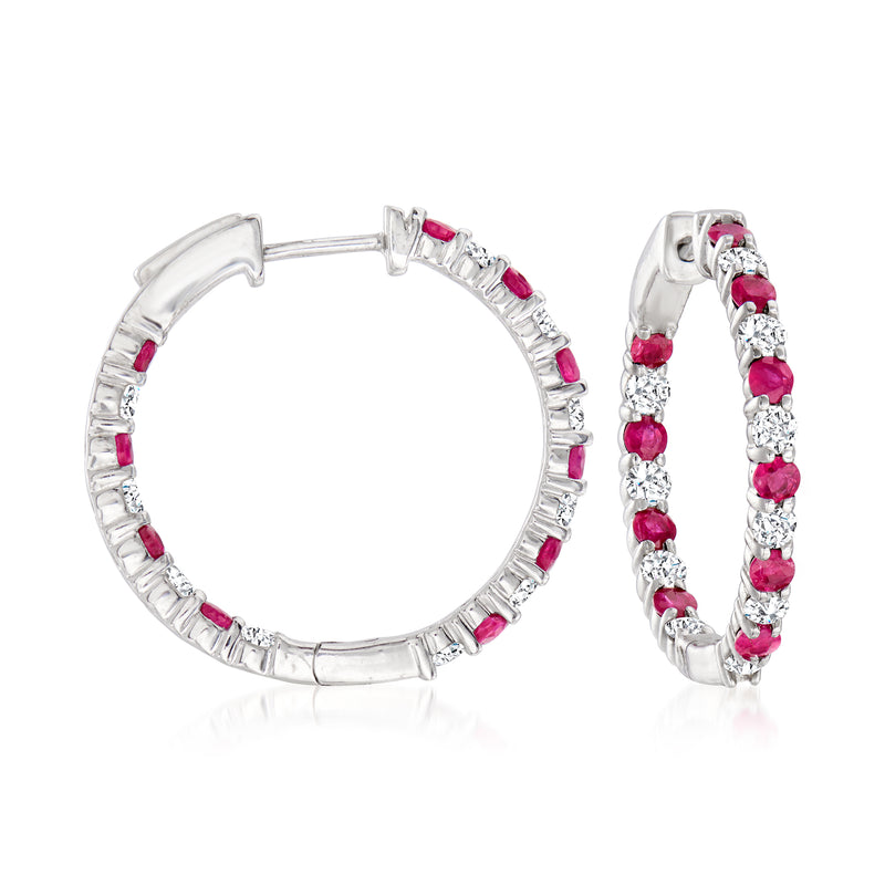 Sterling silver inside-out hoop earrings with ruby and diamond rows