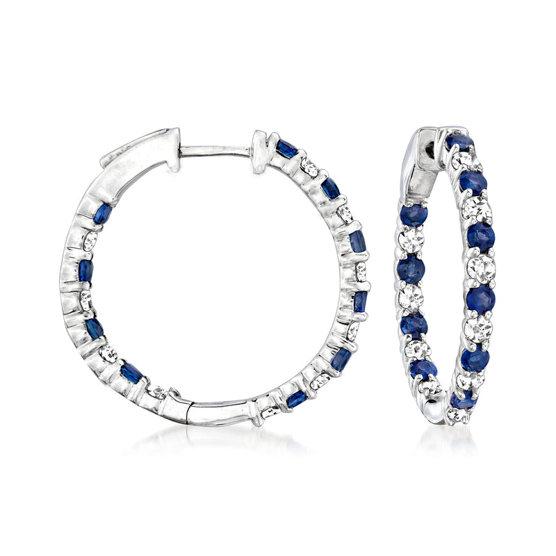 Sterling silver hoop earrings with blue sapphire and white diamond stations