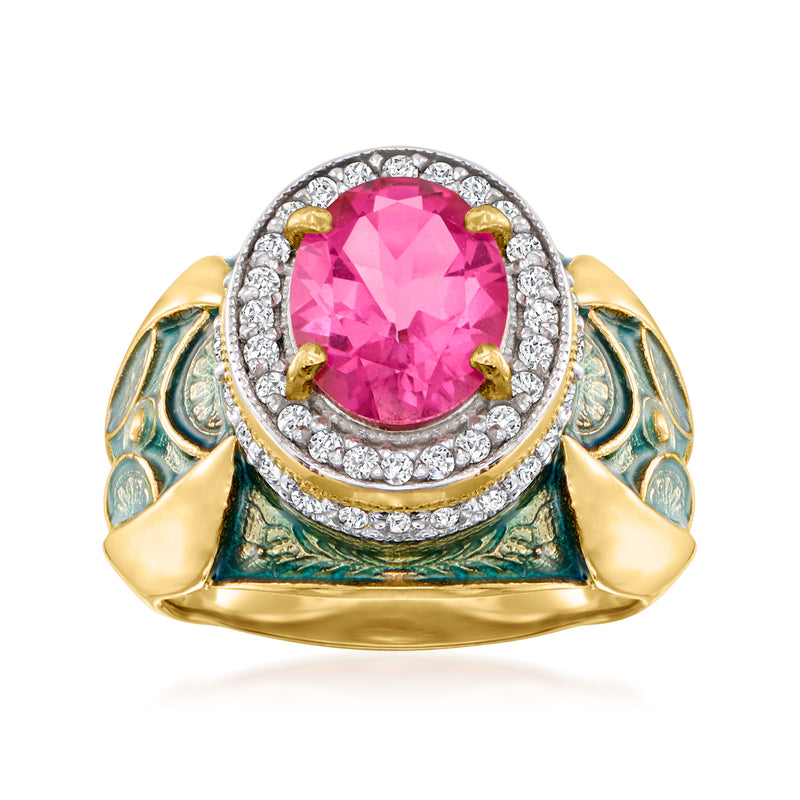 Pink oval topaz ring with white zircon halo, green enamel shoulders, 18kt gold over sterling