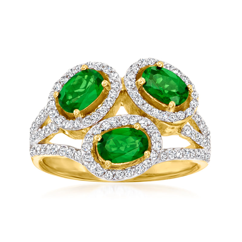 Gold-tone ring with three oval green chrome diopside stones and haloed clear gems