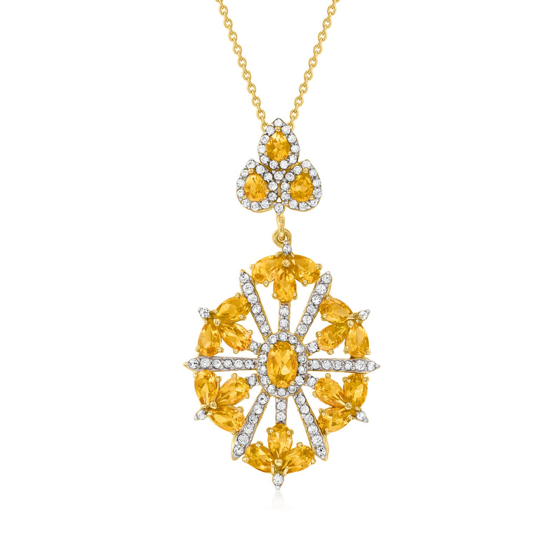 Gold pendant necklace with citrine center and white topaz starburst, round citrine halos