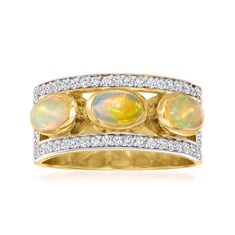 Gold over sterling opal ring with three opals and white zircon accents