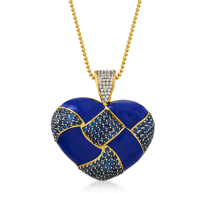 Heart pendant necklace with blue enamel, sapphire, and white zircon in gold-tone setting