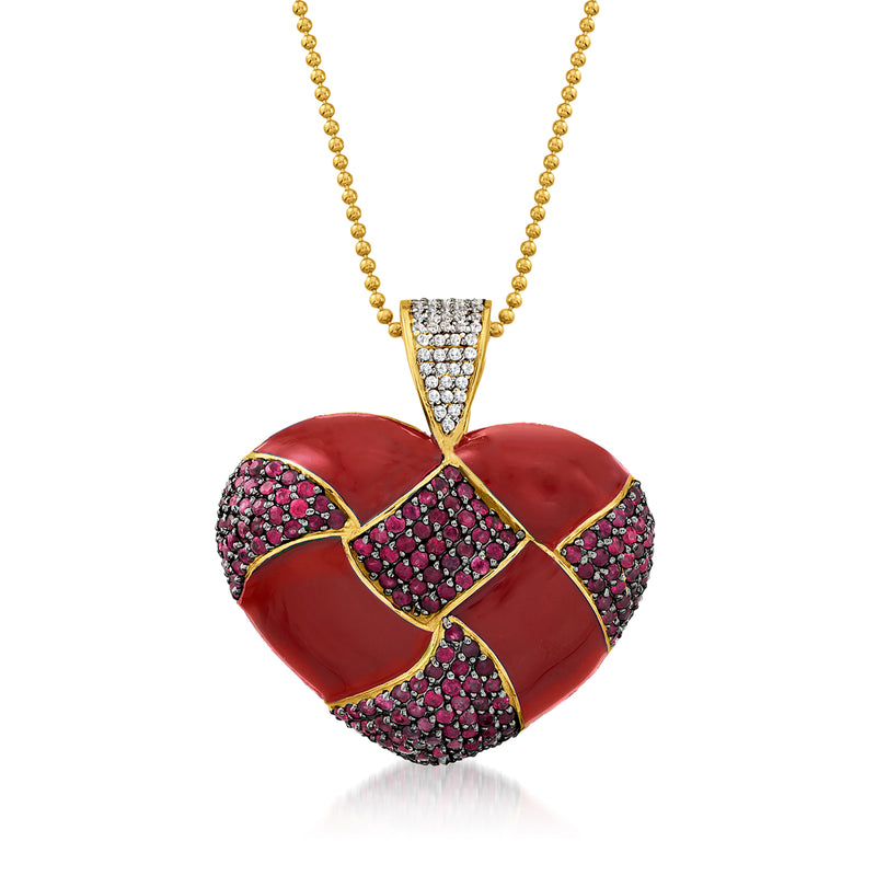 Heart pendant necklace with red enamel heart, pink gemstones, and gold chain