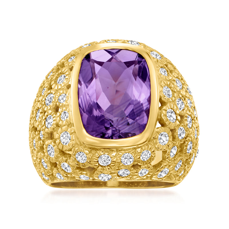 Gold ring with a large cushion-cut amethyst and white zircon accents