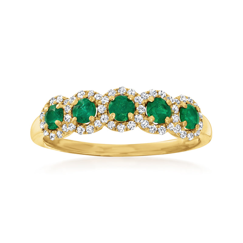 14k yellow gold ring with four oval emeralds and diamond halos