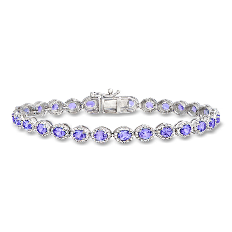 Sterling silver tennis bracelet with oval lavender gemstones and small clear accents