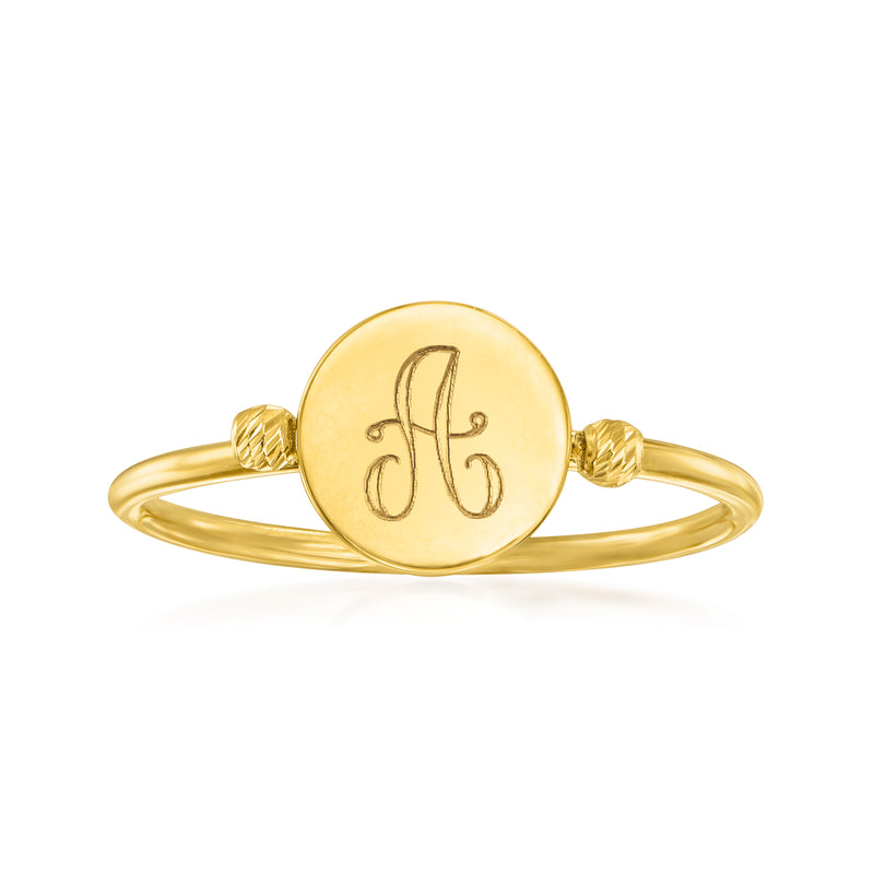 14kt yellow gold personalized disc ring with engraved cursive initial