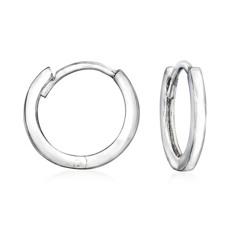 Huggie hoop earrings in white gold, small hinged circular hoops with clasp