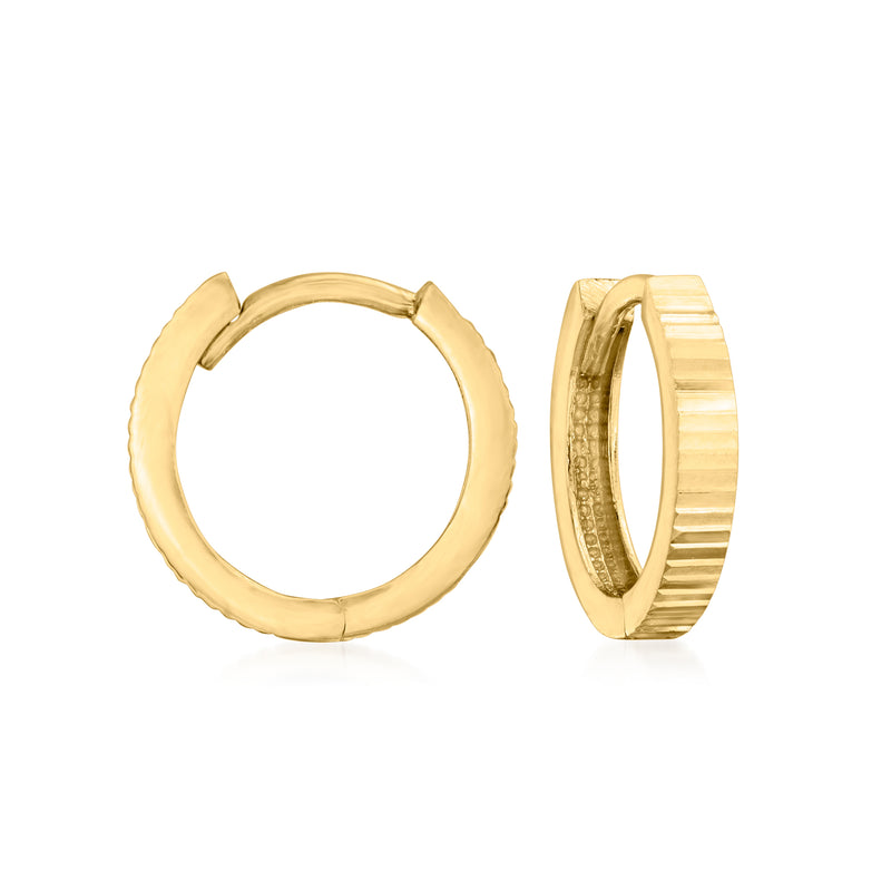 Yellow gold diamond-cut huggie hoop earrings, rounded hinged hoops