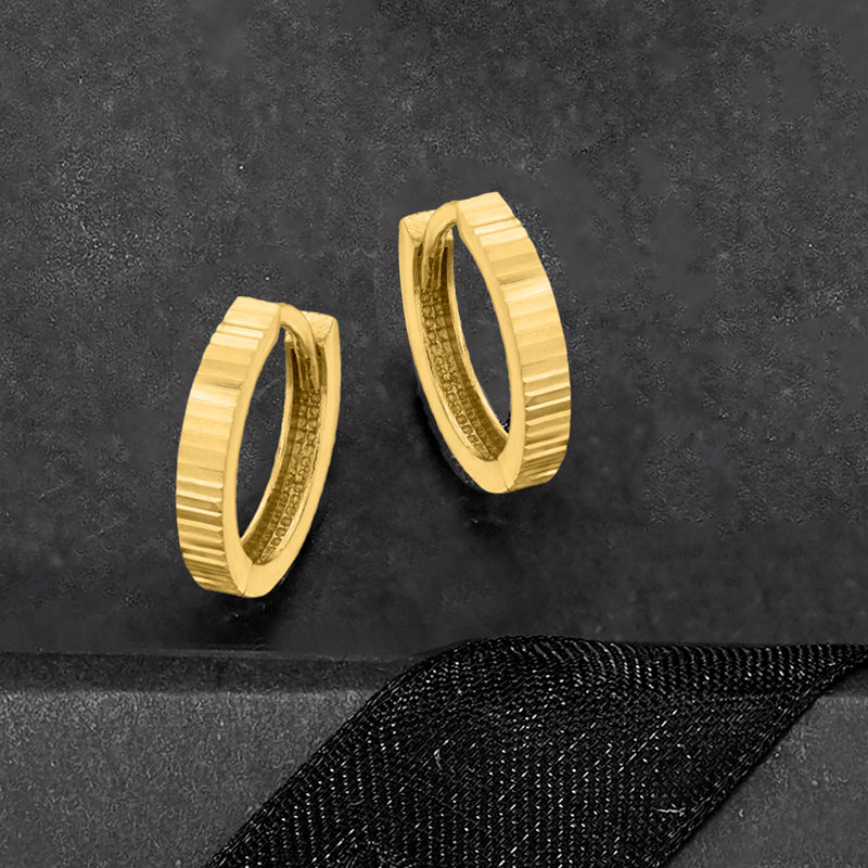 Yellow gold diamond-cut huggie hoop earrings, textured half-hoop profile