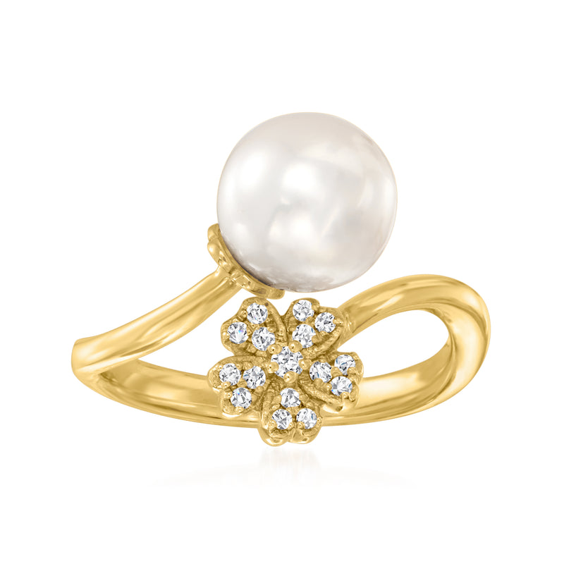 14kt yellow gold ring with large white cultured pearl and diamond-accent flower cluster