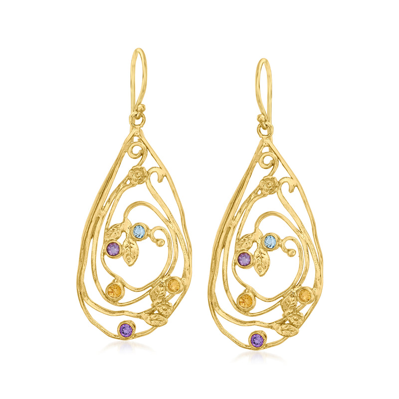 18kt gold over sterling leaf-drop earrings with blue and purple gemstone accents