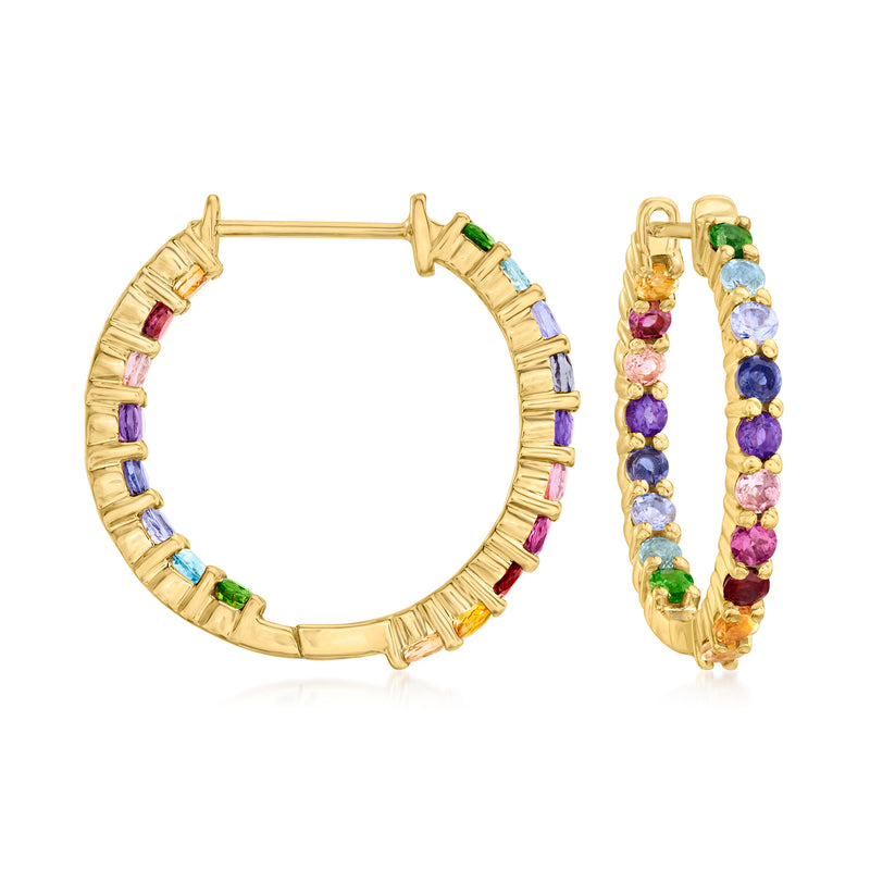 Gold hoop earrings with multicolor inside-out gemstone rows