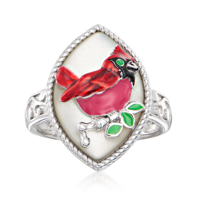 Sterling silver cardinal ring with red enamel bird and green accents