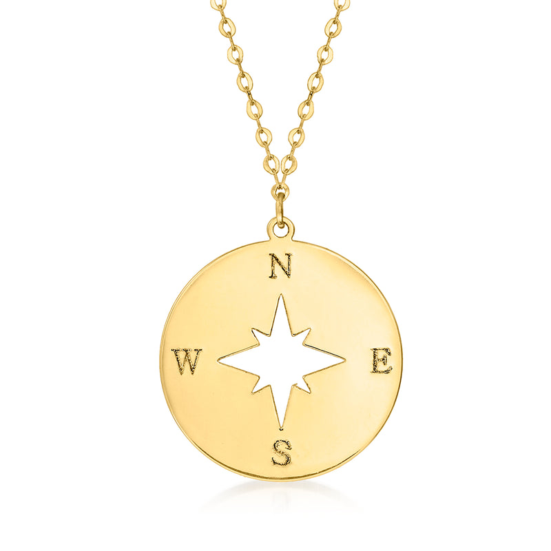 14kt yellow gold compass pendant necklace with circular North-East-South-West emblem