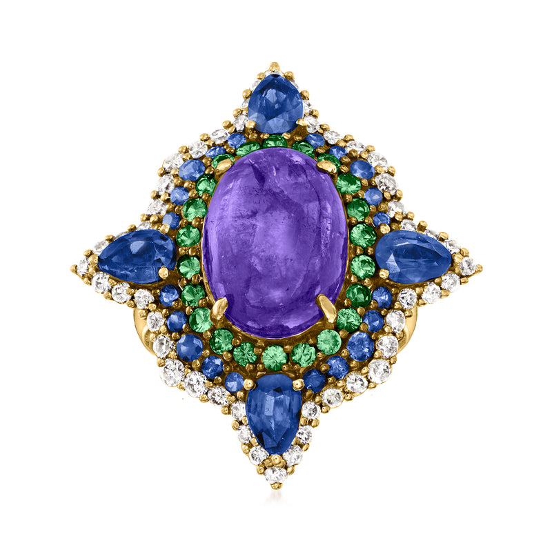 18kt yellow gold multi-gemstone ring with oval purple center, blue and green stones, diamonds