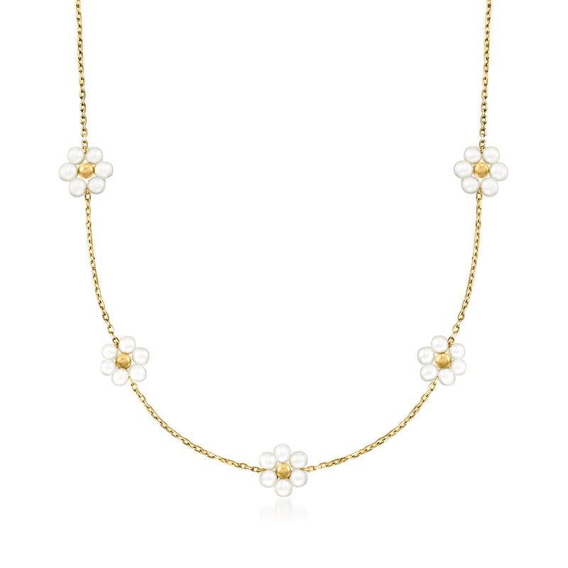 14kt yellow gold necklace with pearl flower station drops