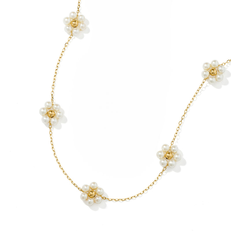 14kt yellow gold necklace with five pearl flower stations
