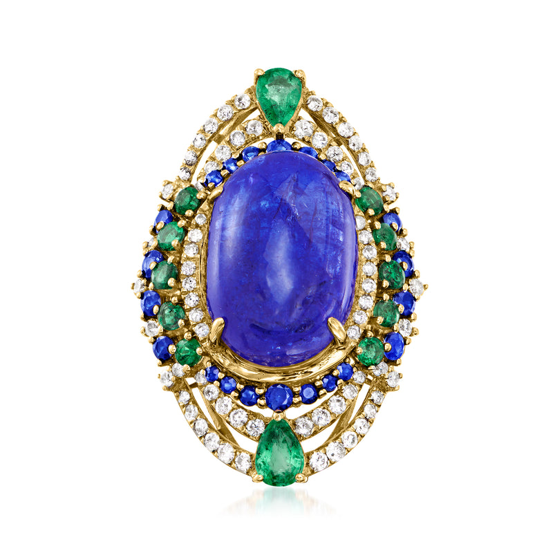 Oval tanzanite-style blue gemstone ring in 18kt yellow gold with diamond halo and green/blue accents