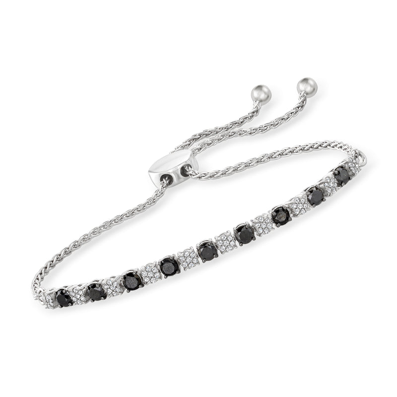 Sterling silver bolo bracelet with black and white diamond cluster bar