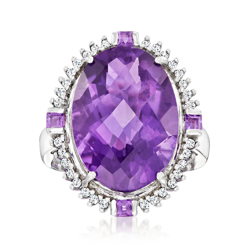 Sterling silver oval amethyst ring with diamond halo and side accent stones