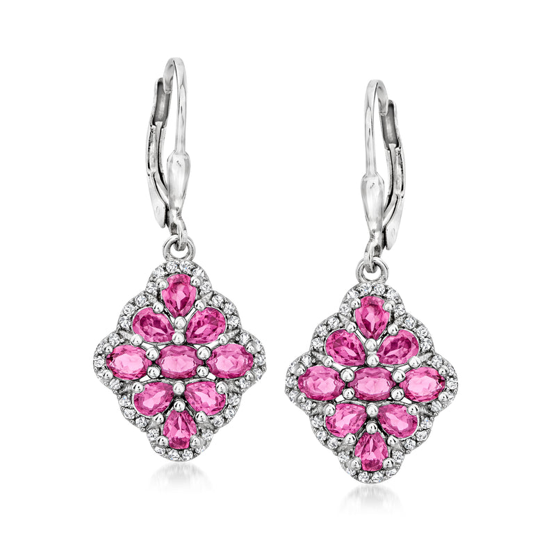 Sterling silver rhodolite zircon drop earrings with pink flower-like halos