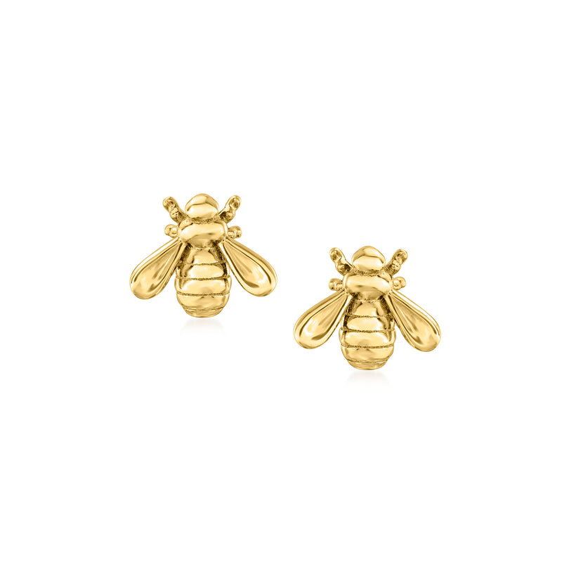 14kt yellow gold bee stud earrings with textured wings, paired front view.