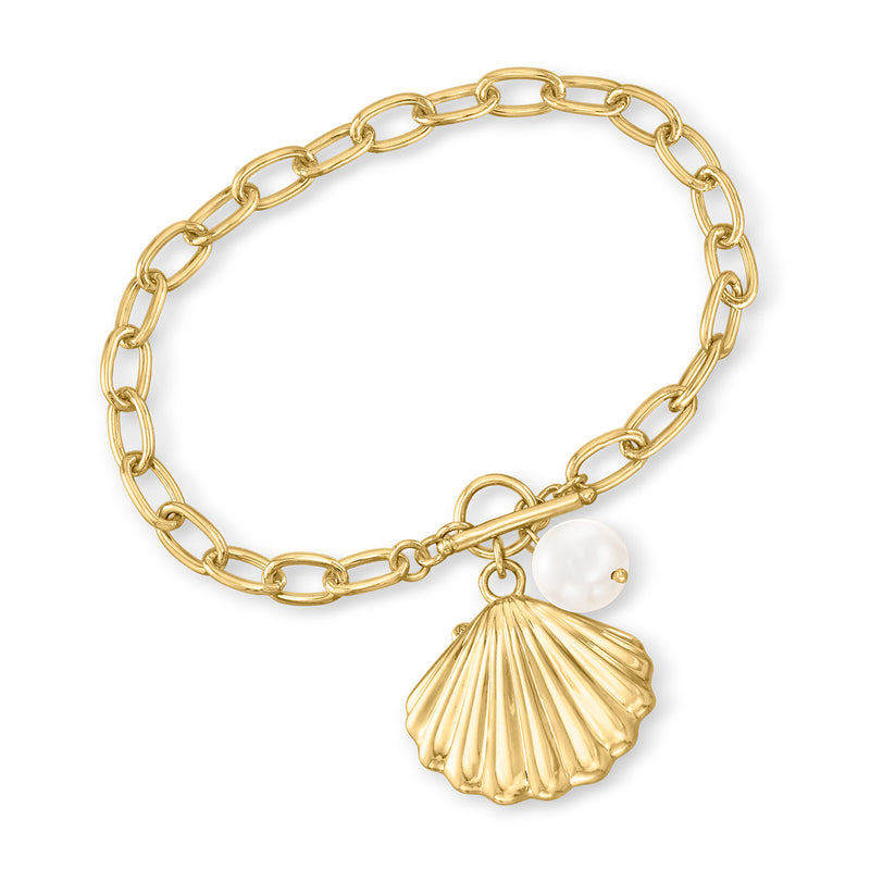 18kt gold over sterling link bracelet with scallop shell charm and small pearl
