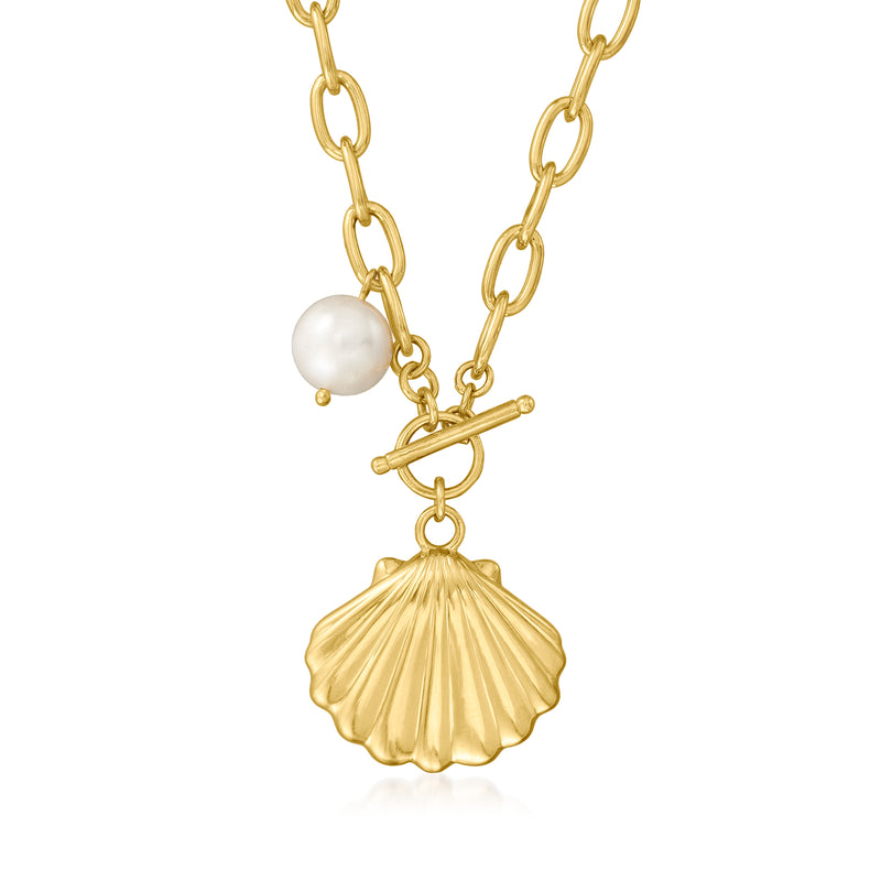 Gold over sterling chain necklace with round cultured pearl and scallop shell pendant