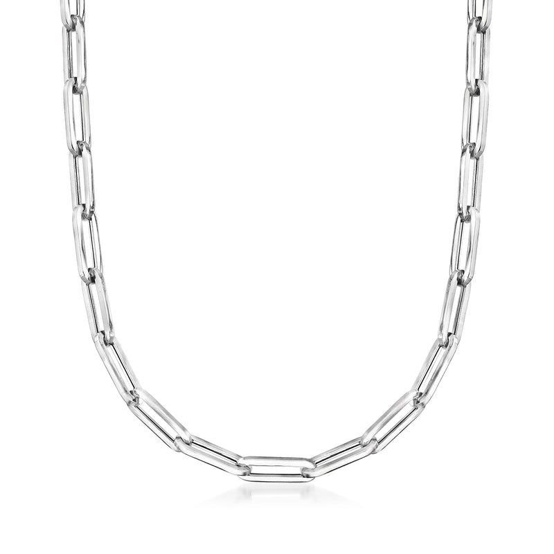 Paper clip link necklace in polished white gold, elongated oval chain links