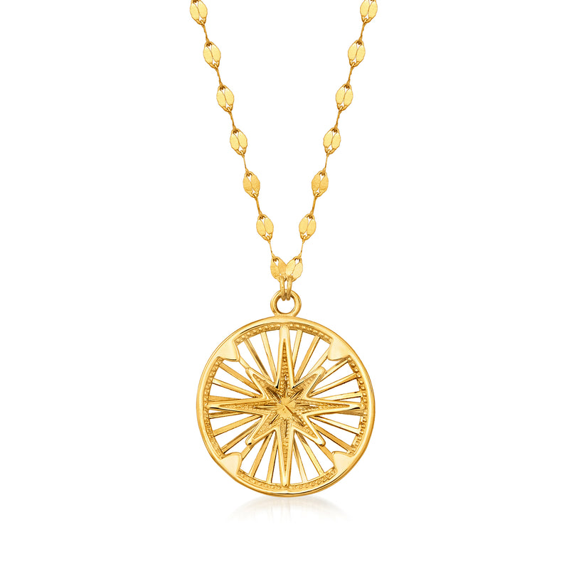 14k yellow gold compass pendant necklace with circular North Star design