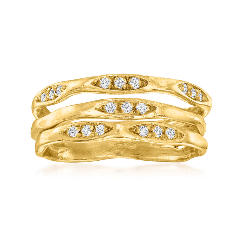 Gold three-row open-space diamond ring with curved wave rows and round stone accents