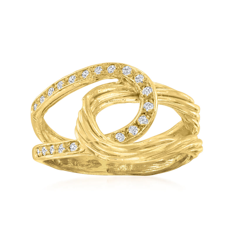 Gold interlocking ring with round diamond accents in a spiral-style setting