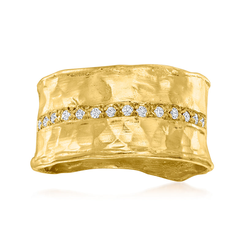Hammered gold diamond band in 18kt gold over sterling with round clear stones