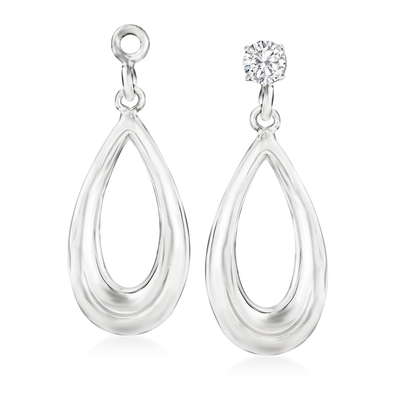 Sterling silver teardrop earring jackets with clear round stone tops, dangling teardrops