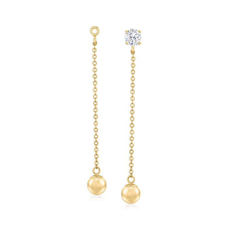 Yellow gold earring jacket with diamond stud top and dangling ball drop