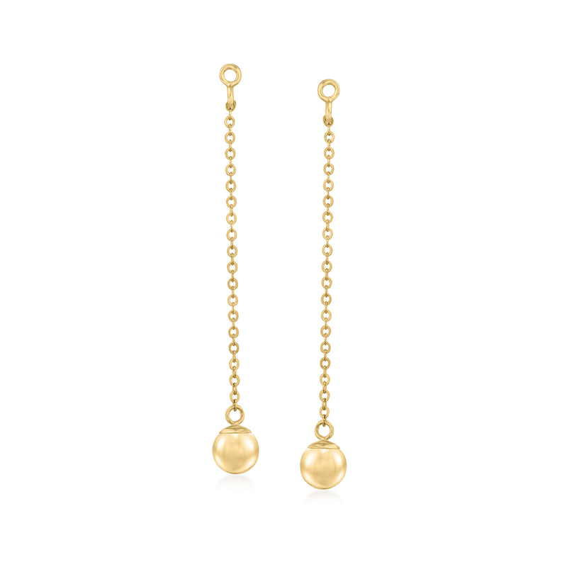 Yellow gold earring jacket with dangling chain and round ball charm